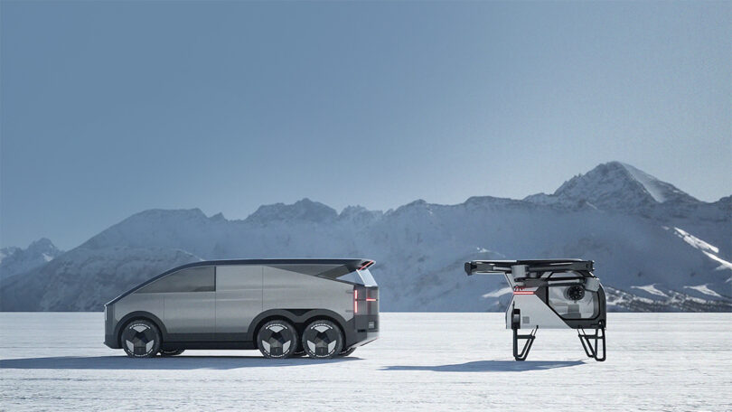 6-wheeled modular EV van concept with futuristic, cyber-mechanical style parked in snow covered landscape with its flying car floating parked to the right nearby with its propellors folded in.