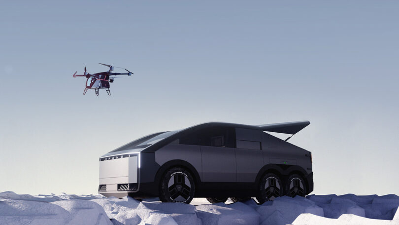 6-wheeled modular EV van concept with futuristic, cyber-mechanical style parked in snow covered landscape with its flying car floating overhead to the left