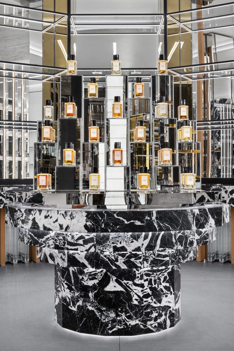 Close-up of the marble 'perfume organ' centerpiece in the maison Celine area