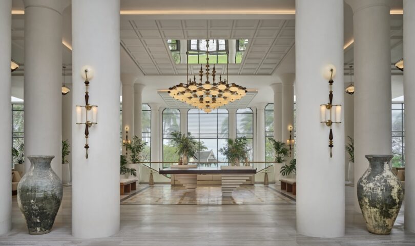 Lobby with dramatic tiered chandelier