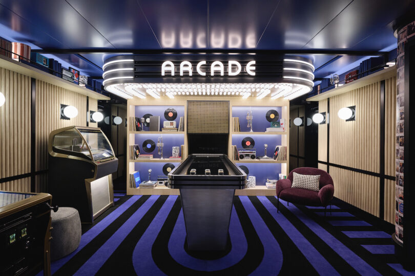 arcade room lined with stripe carpeting