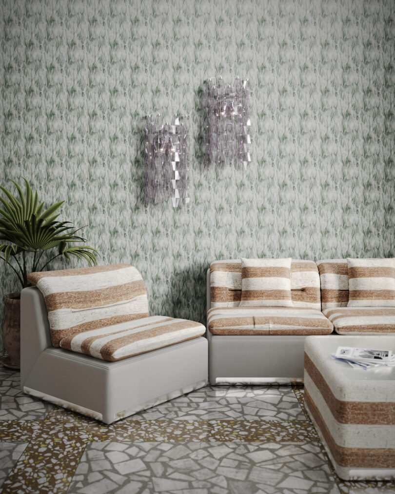 striped modular sofa in green wallpapered room
