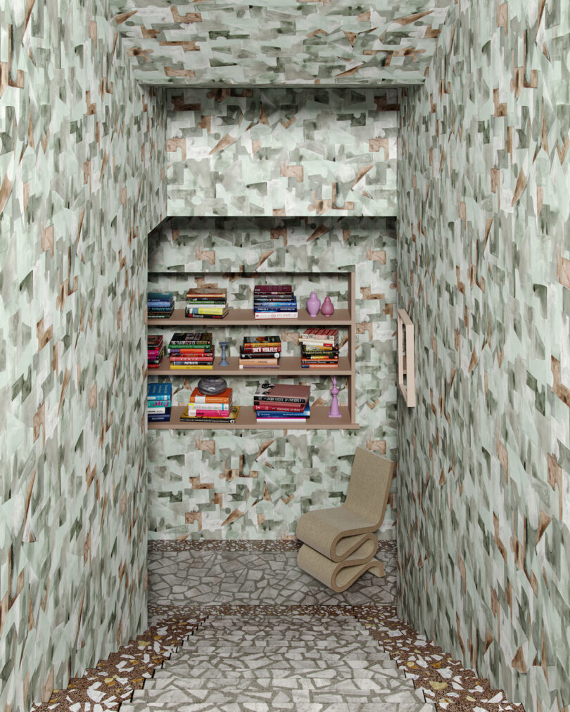 wallpapered nook with shelving filled with books
