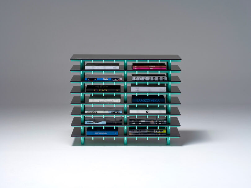 blue and black bookshelf resembling architecture