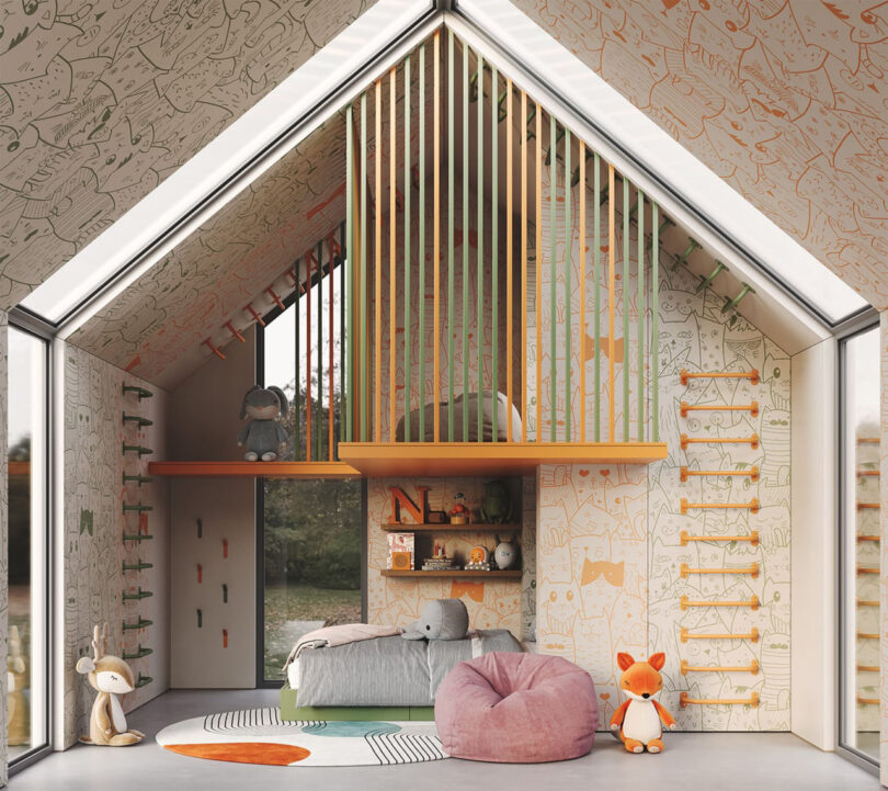 Children's room with bean bags, circular colorful pattern rug, and floating platform loft connected to two sets of Randle Wall Climbing Handles attached to the walls and a third set climbing the slanted ceiling.