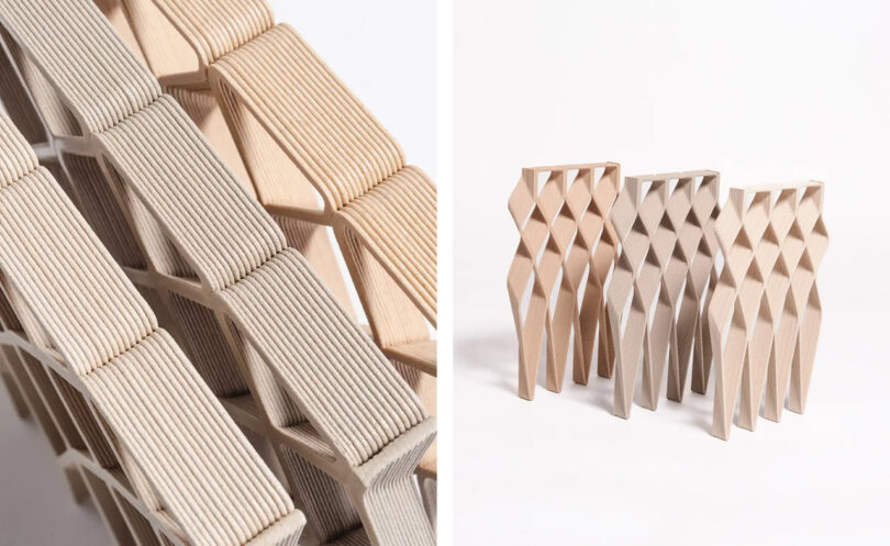 دو نما از سازه های مشبک چوبی چاپ سه بعدی Aectual که طرح های هندسی پیچیده را به نمایش می گذارد.