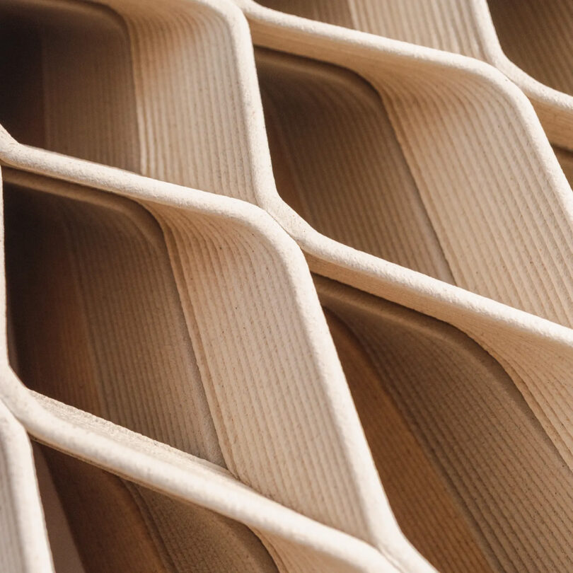 نمای نزدیک لایه‌های چوب پرینت سه بعدی Aectual که یک الگوی بافت را تشکیل می‌دهند.