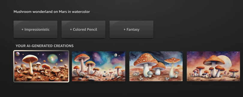 A screen shot of an Amazon Fire TV screen showing different images of mushrooms in watercolor style.