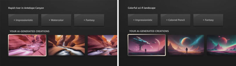 Two examples from Amazon Fire TV screen options for AI Art feature, one showing images created with prompt "Alexa, create a background of a rapid river in Antelope Canyon" and the second conjured by, "Alexa, create an image of a colorful sci-fi landscape".