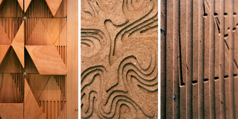 Triptych of wooden textures: geometrical patterns, wavy sand-like carvings, and fluted groove panel, all displayed as part of Andersen EV ‘Designer of Tomorrow’ competition.