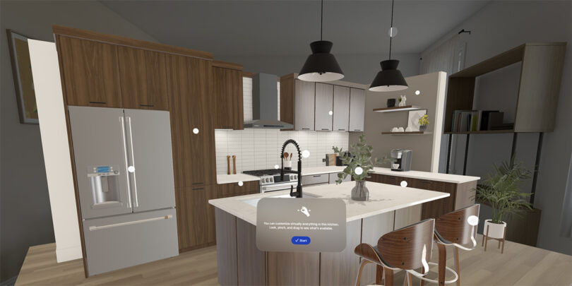 A 3d rendering of a kitchen with Apple Vision Pro technology.