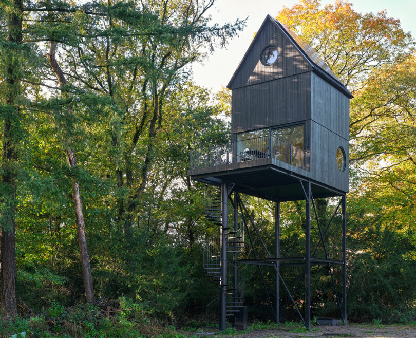 A tree house in the middle of a wooded area.