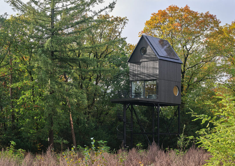 A modern black cabin on a stand in the woods.