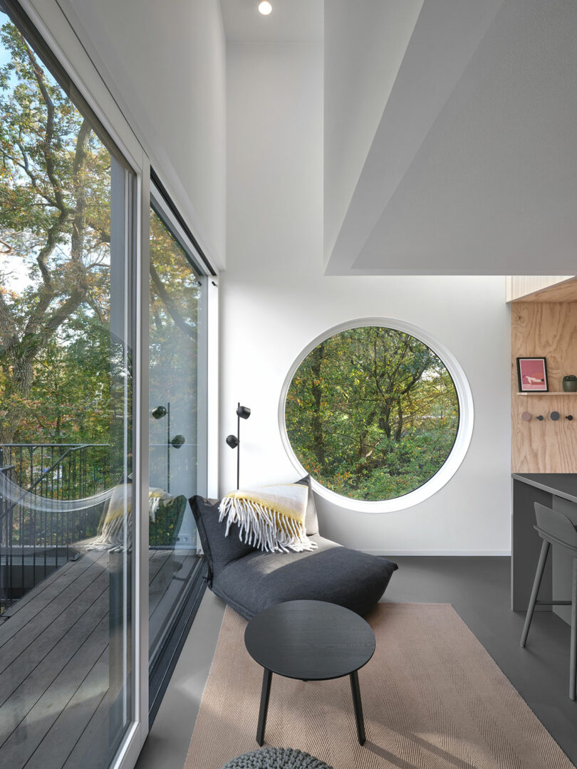 A cabin with a round window.