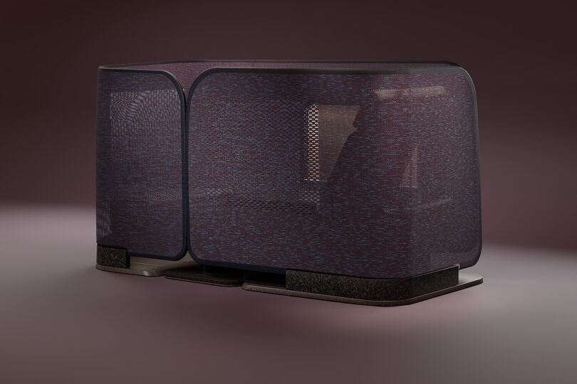 Modern airline seat cabin surrounded by a 3D woven textile and perforated metal casing and stand.