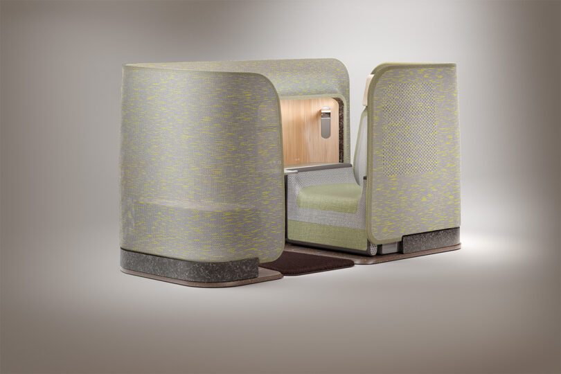 Modern aircraft seat design for business class with privacy partitions and 3D woven textile.