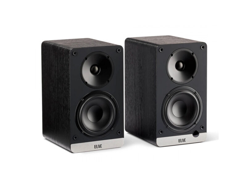 A pair of Debut ConneX Powered Speaker in black finish angled facing toward the right.