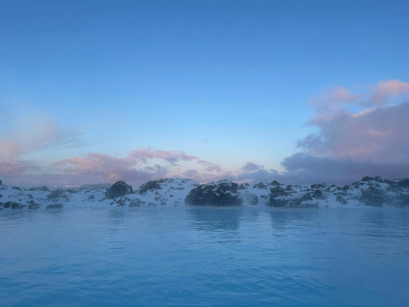 A lagoon in iceland at sunset.