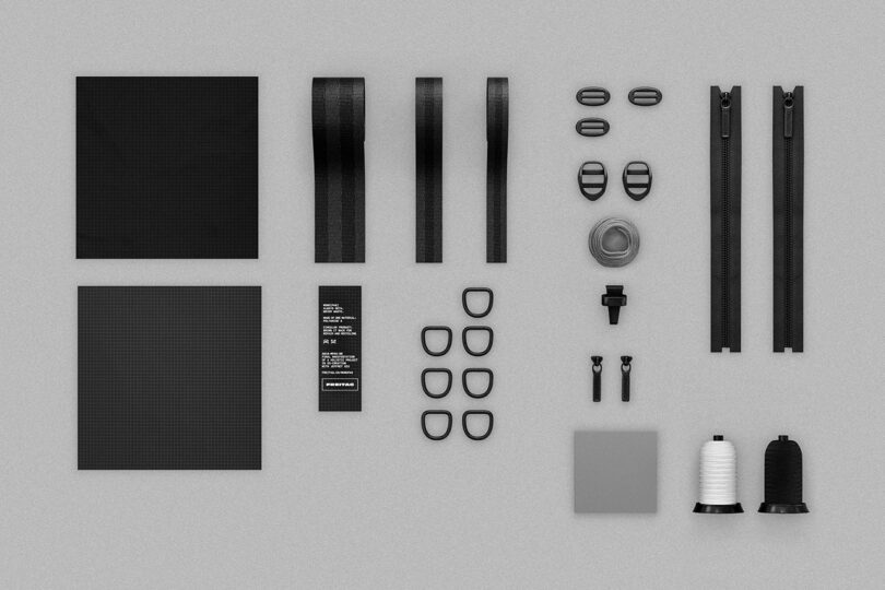 flat lay of backpack components