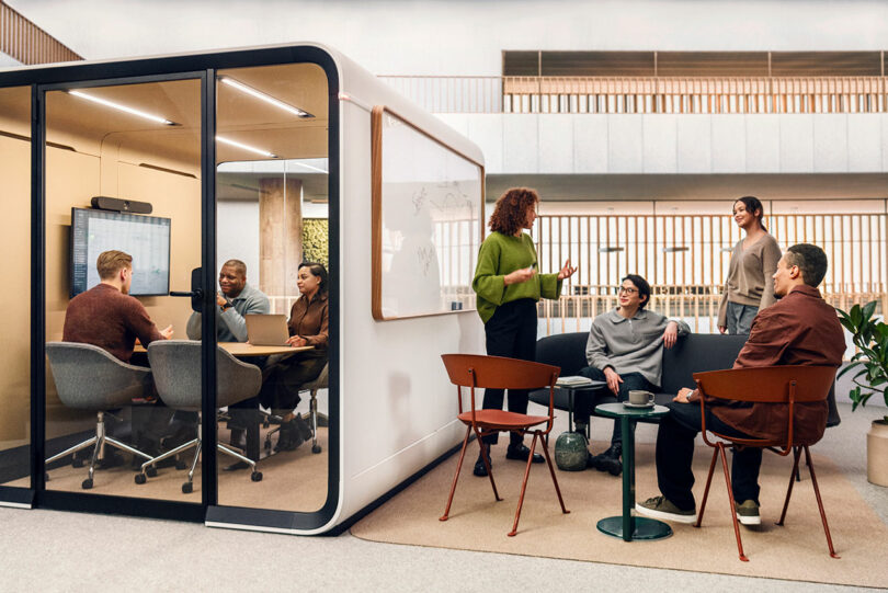 A six-person privacy pod in an office space.