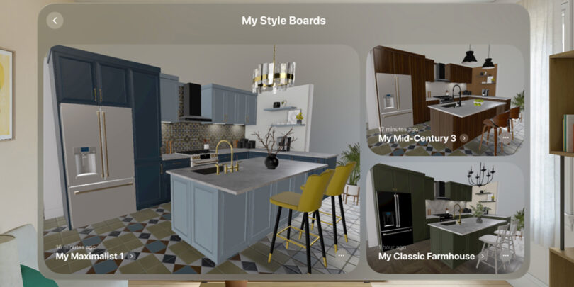 Three kitchen interior design styles shown across a style board window within the augmented reality display via the Lowe's Style Studio for Apple Vision Pro.