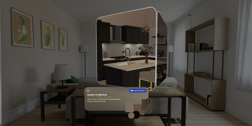 A 3D rendering of a living room and kitchen optimized for Apple Vision Pro with 3D floating cube of preview options in center of screen.