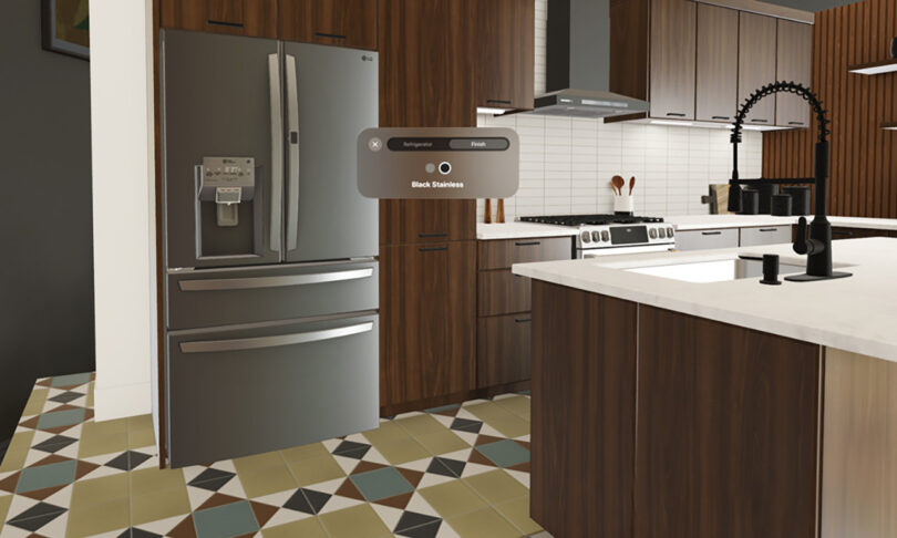 A 3D rendering of a kitchen visualized through Apple Vision Pro.