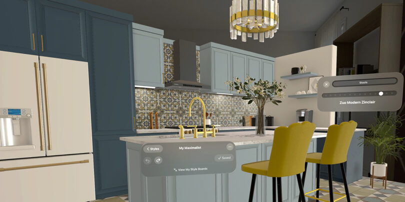 A 3D rendering of a kitchen visualized through Apple Vision Pro with two yellow stools, blue and turquoise cabinets, and white French door refrigerator.