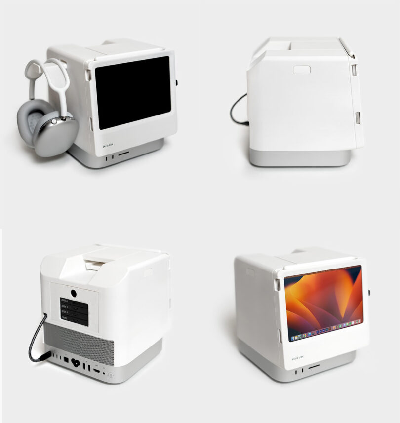 Four views of a white, compact desktop Macintosh desktop with an integrated monitor and headphone storage