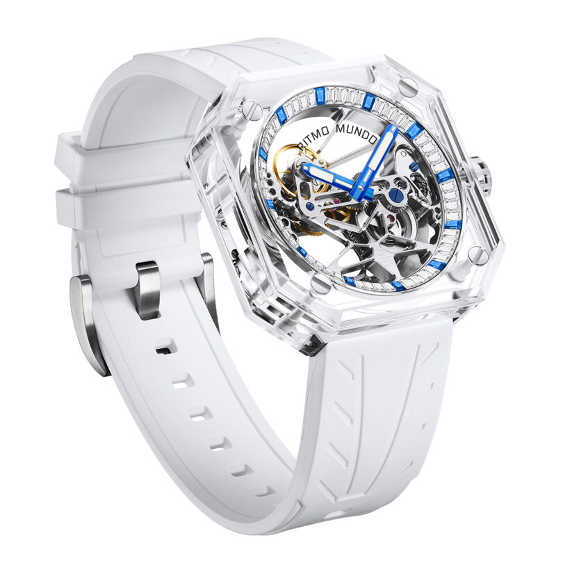 Ritmo Mundo Pegasus Watch with white strap and transparent case.