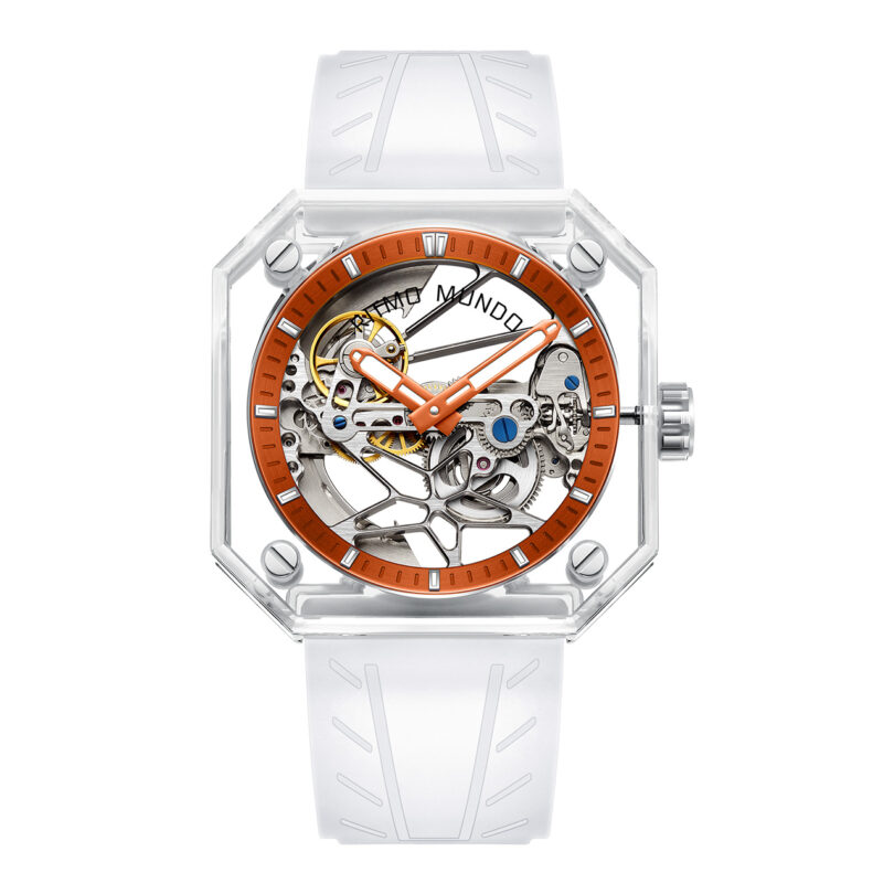 Luxury skeleton watch with white strap and orange accents, featuring a transparent Ritmo Mundo Pegasus Watch design.
