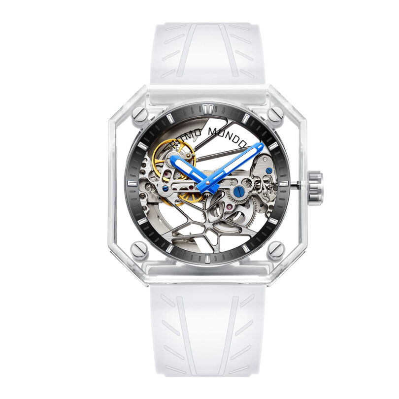 A luxury Ritmo Mundo Pegasus skeleton wristwatch with blue hands and a transparent white band.
