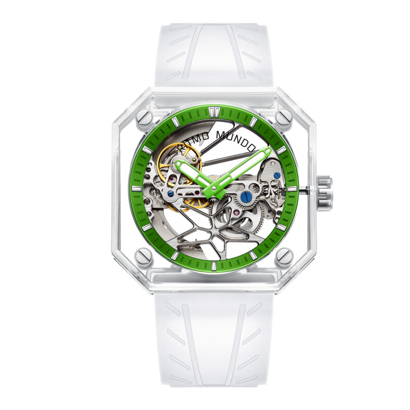 Transparent Ritmo Mundo Pegasus Watch with green accents and a white strap.