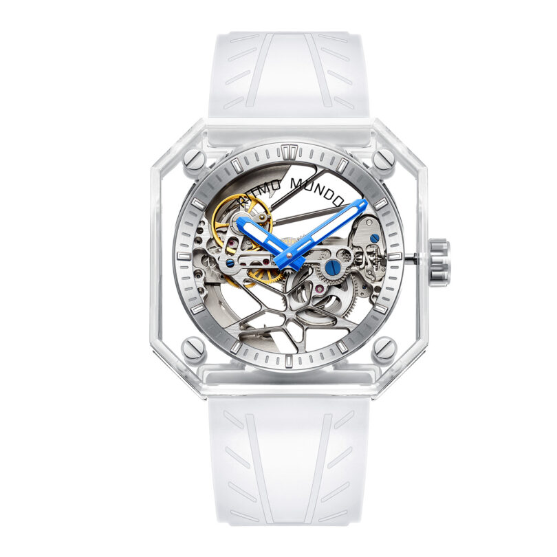 A Ritmo Mundo Pegasus Watch with blue hands and exposed skeleton mechanics on a white band.