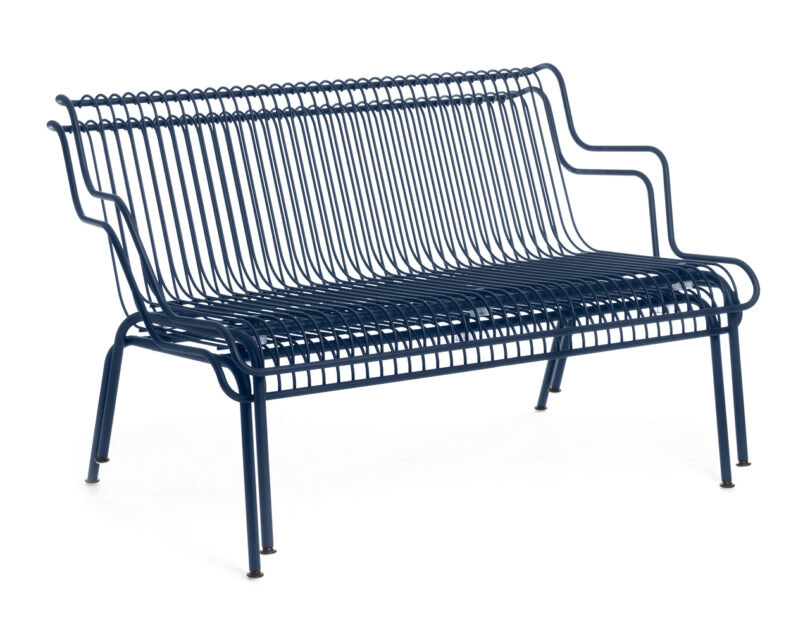 two stacked dark blue modern outdoor benches on white background