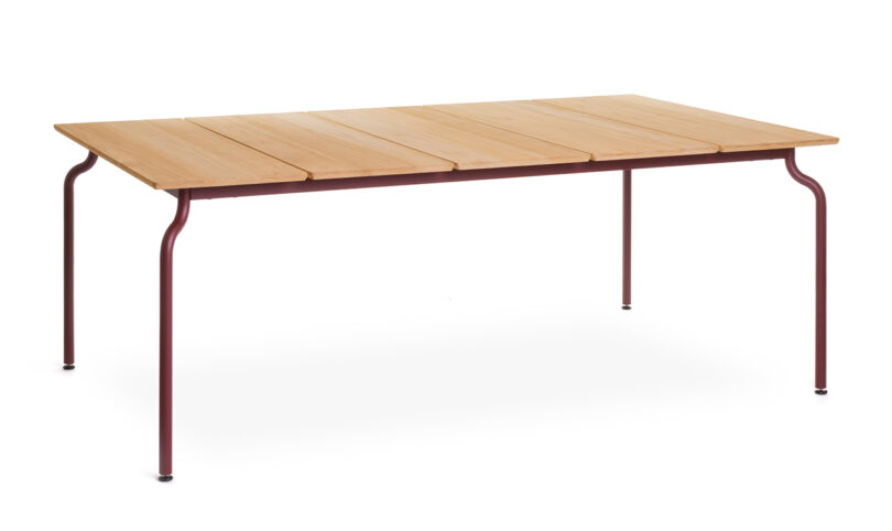 Rectangular wooden table with metal legs on a white background.