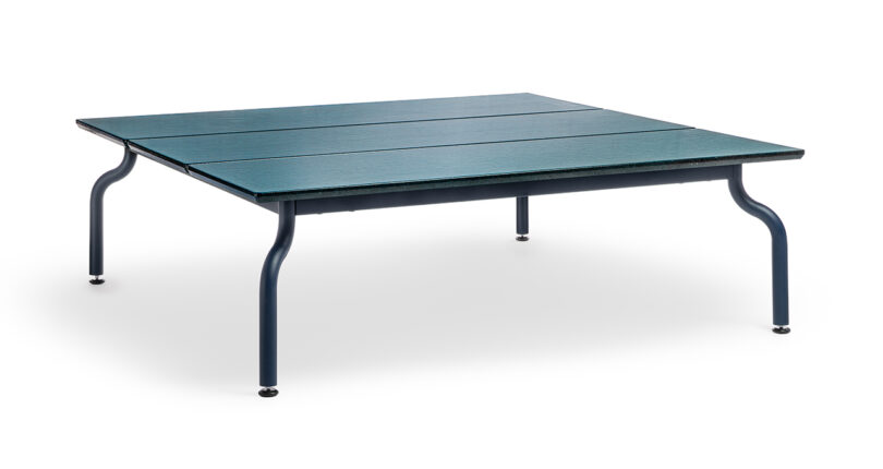 A blue square table with metal legs on a white background.