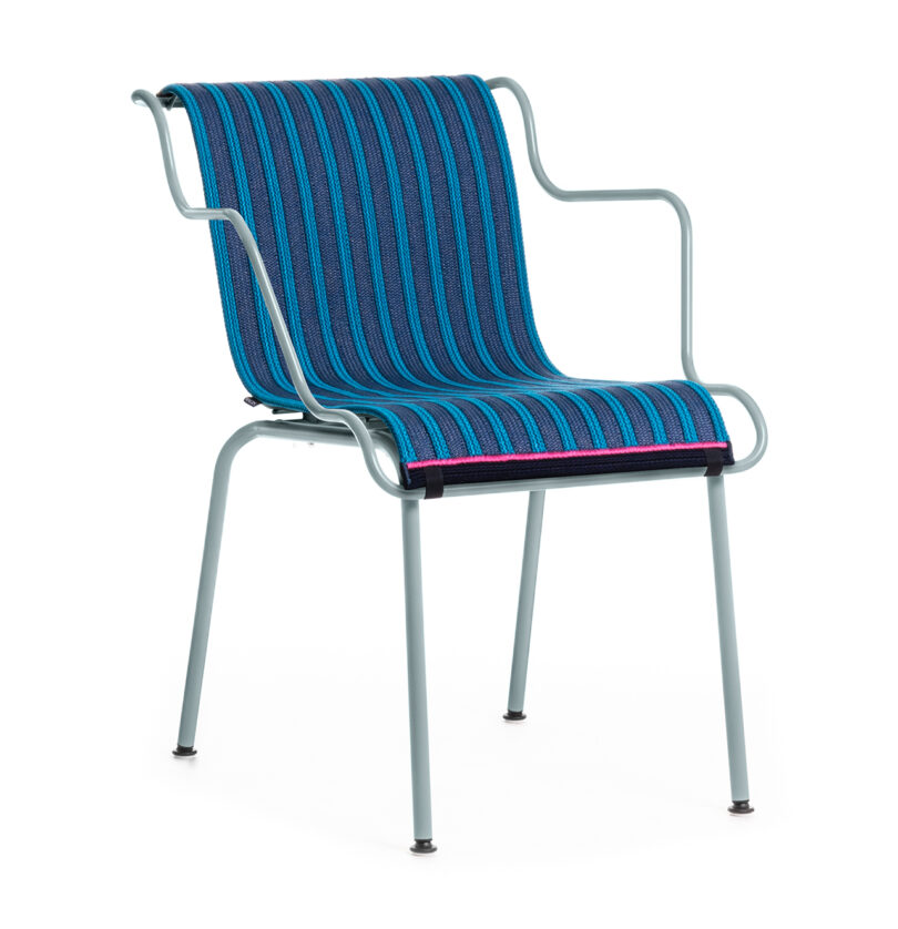A modern chair with blue stripes on a white background.
