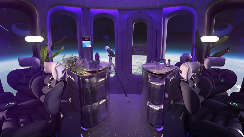 The interior of the world’s first luxury spaceflight service's spaceship, with seats and a view of the earth.