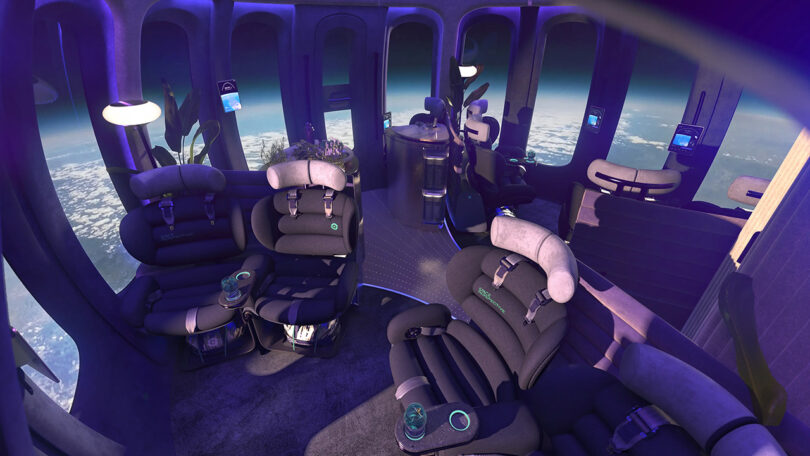 The interior of the world's first luxury spaceflight service spaceship, complete with plush dark seats and a view of the earth.