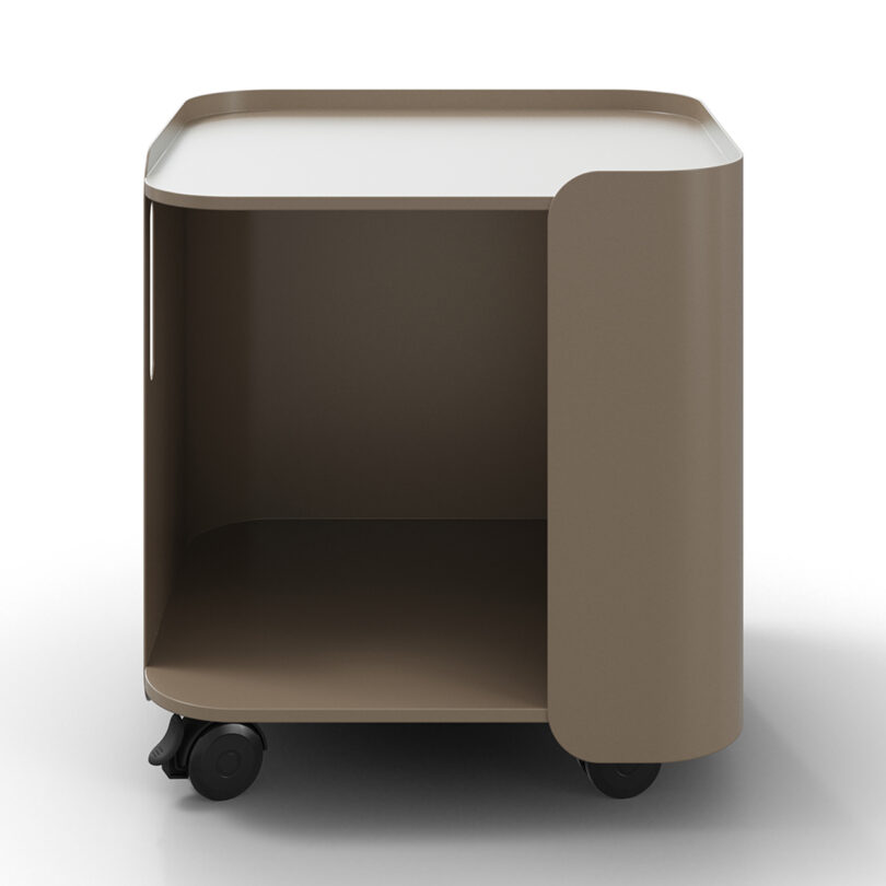 Beige modern office storage cart in a sleek design, featuring wheels for mobility.
