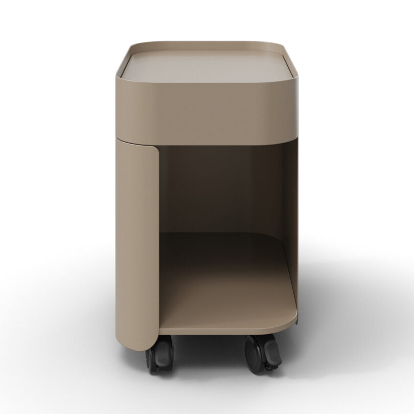 Beige modern office storage cart with a drawer in a sleek design, featuring wheels for mobility.