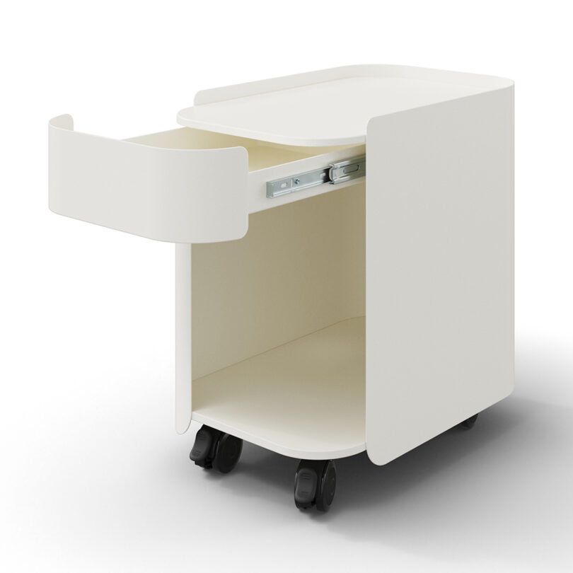 White modern office storage cart with a drawer in a sleek design, featuring wheels for mobility.
