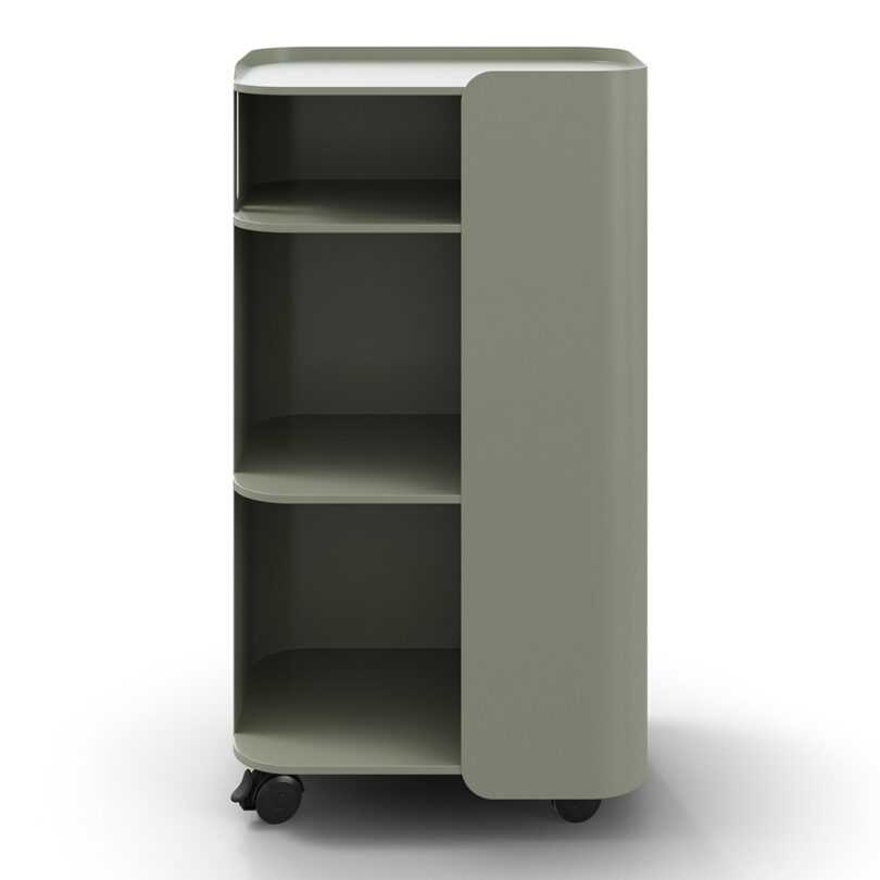 Light grey modern office storage tower with a sleek design, featuring wheels for mobility.