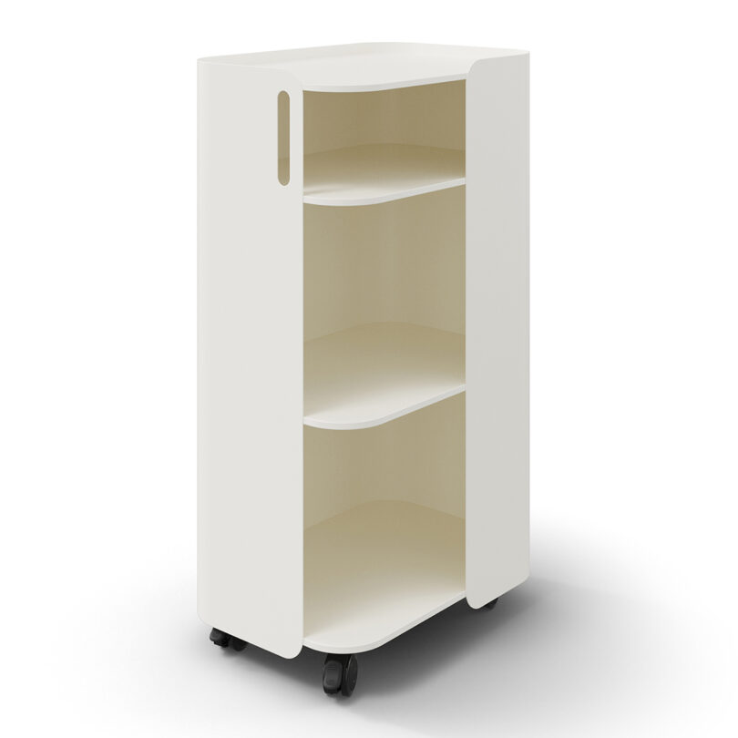 White modern office storage tower with a sleek design, featuring wheels for mobility.