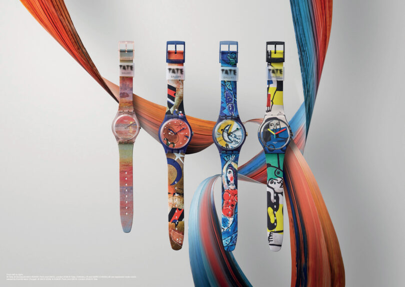Four artistically designed wristwatches from the Swatch x Tate Gallery Watch Collection displayed against a background of colorful swirling ribbons.