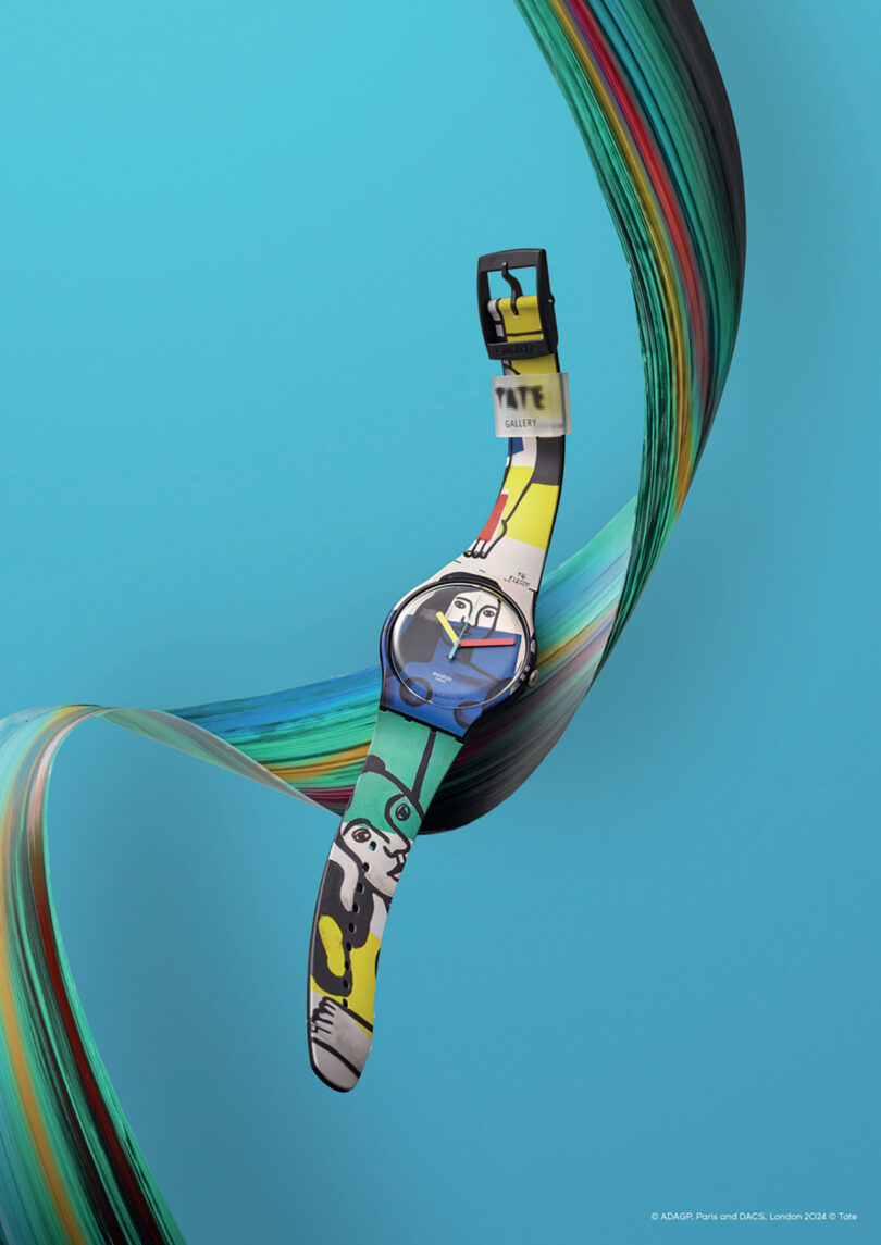 Colorful Swatch x Tate Gallery Watch Collection with abstract art inspired by Fernand Léger adorning strap and case.