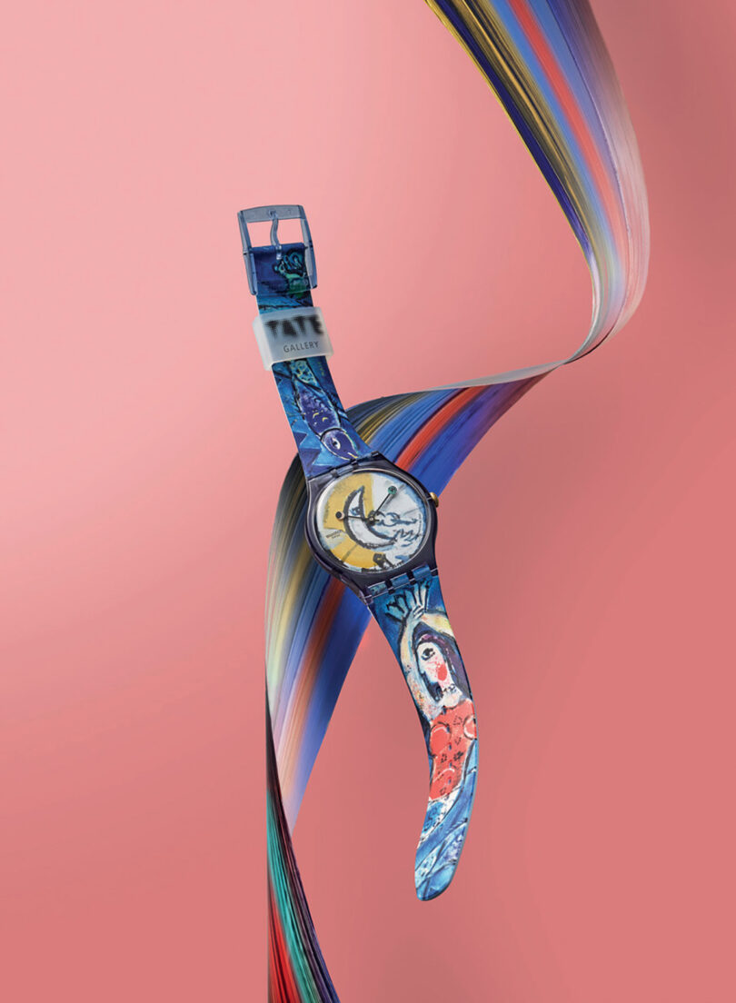 A colorful Swatch x Tate Gallery Watch Collection piece with fluid abstract patterns in the background.