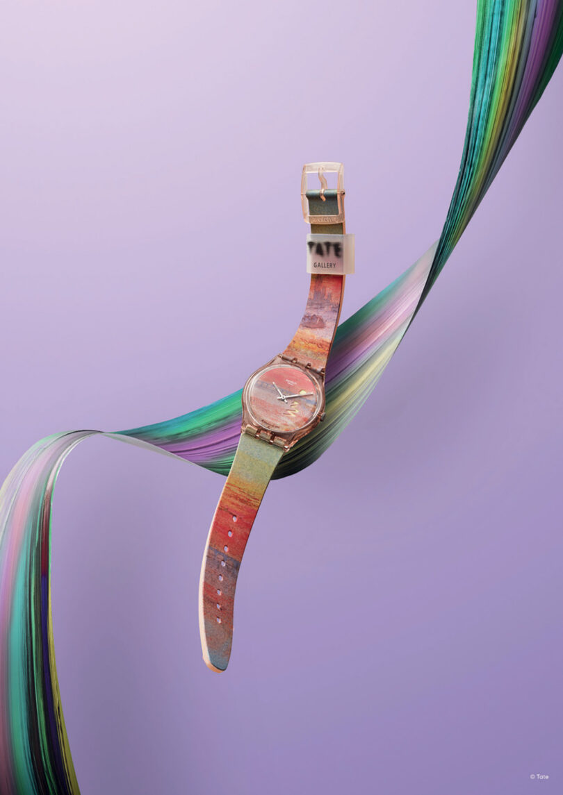 A colorful Swatch x Tate Gallery Watch Collection wristwatch with a swirling ribbon-like background.