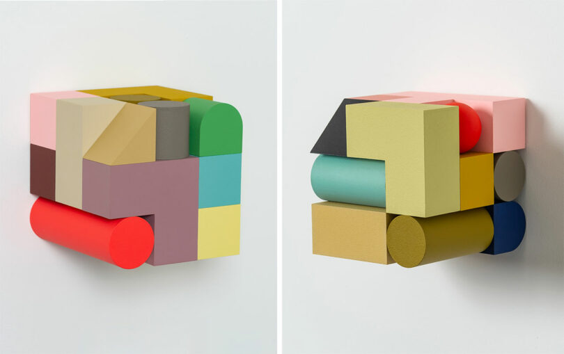 side by side images of two wall sculptures made up of colorful shapes in a square form